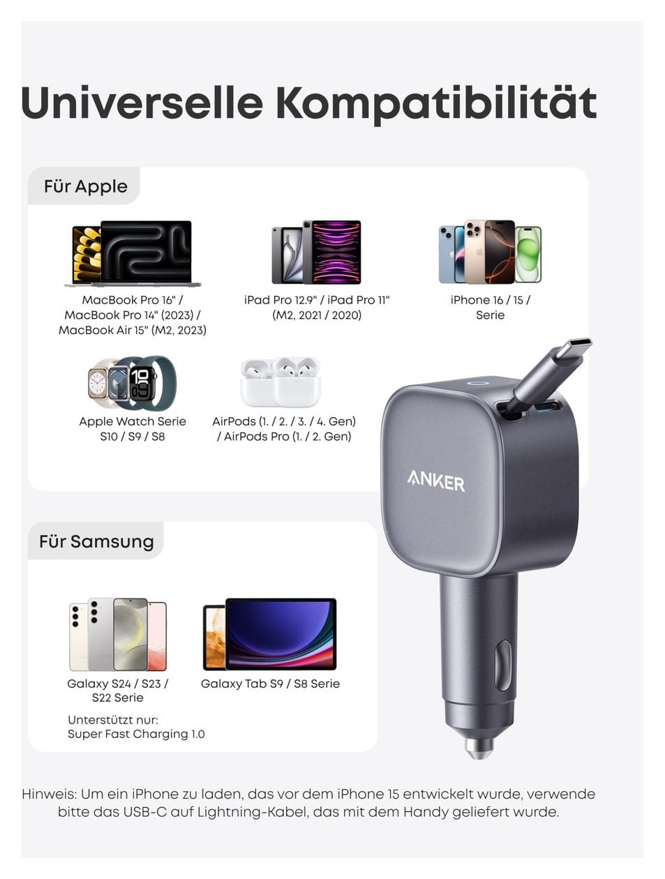 Nano Kfz-Ladegerät (75W, USB-C Port, Integriertes einziehbares USB-C Kabel) 