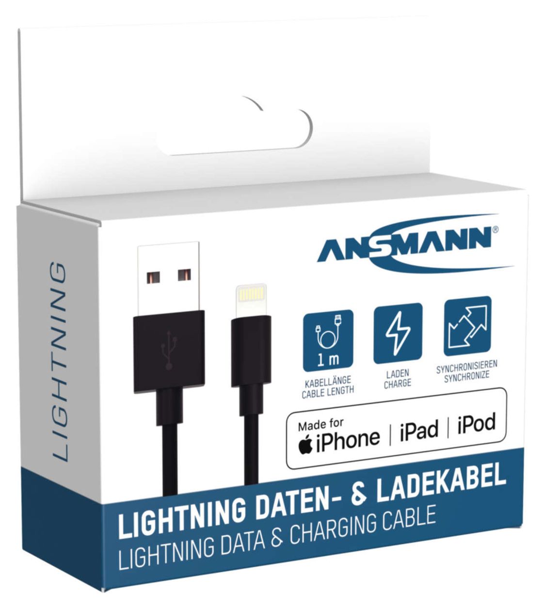 1700-0131 Stecker Rundkabel Lightning auf USB A 1 m  (Schwarz) 