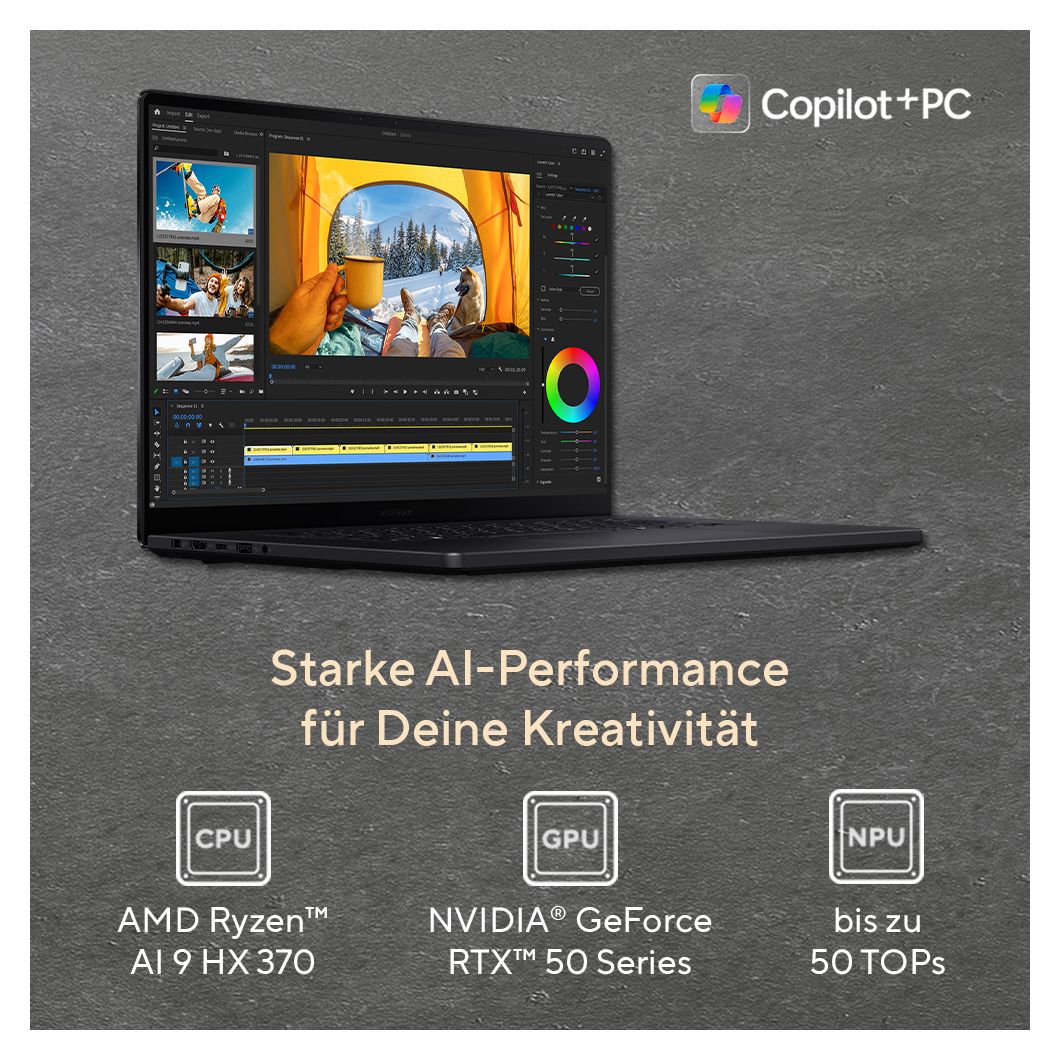 ProArt P16 H7606WX-SE008X Copilot+ PC WQXGA Notebook 40,6 cm (16 Zoll) 3840 x 2400 Pixel 2 TB SSD Windows 11 Pro AMD Ryzen 9 max. 5,1 GHz  (Schwarz) 