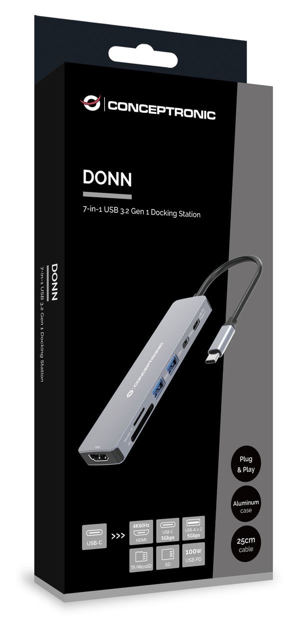 DONN28G 7-in-1 USB 3.2 Gen 1 Dockingstation, 4K60Hz HDMI, USB-A 5Gbps x 2, USB-C 5Gbps, SD, TF/MicroSD, 100W USB PD 
