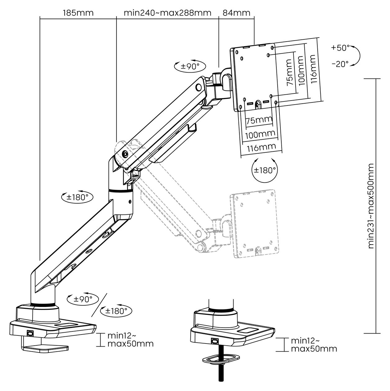 17"-49" Schwerlast-Monitor-Schreibtischhalterung, Schwarz 