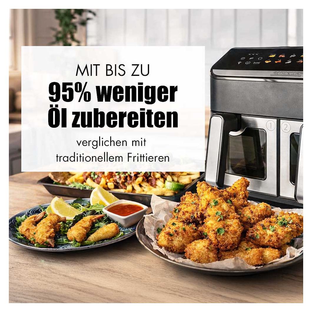 42586 Duo Family Doppel Heißluftfritteuse 9 l 2900 W  (Schwarz, Edelstahl) 