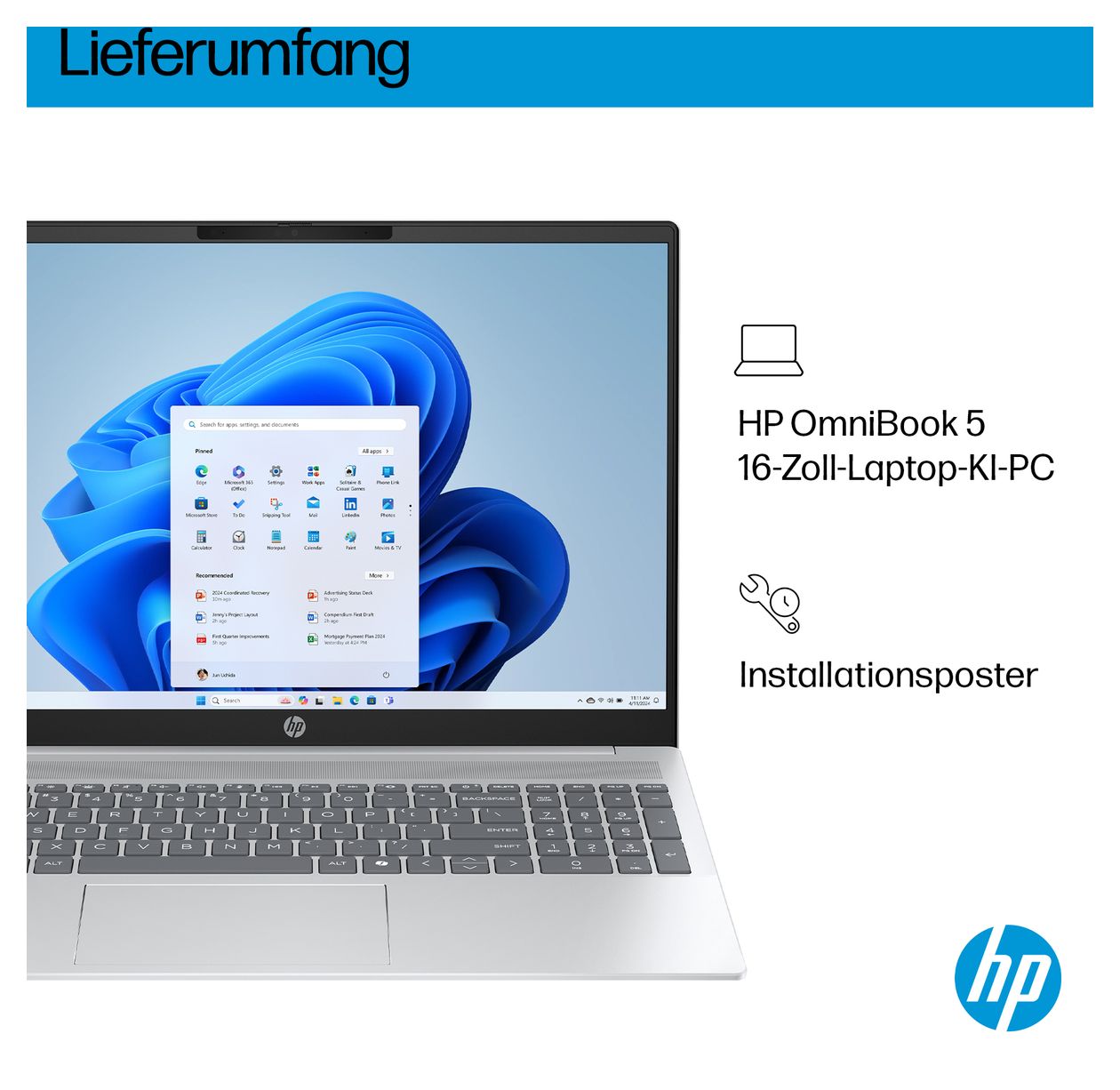 OmniBook 5 16-af1655ng 2K Ultra HD Notebook 40,6 cm (16 Zoll) 1920 x 1200 Pixel 16 GB Ram 1 TB SSD Windows 11 Home Intel Core Ultra 5 max. 4,8 GHz intern  (Silber) 