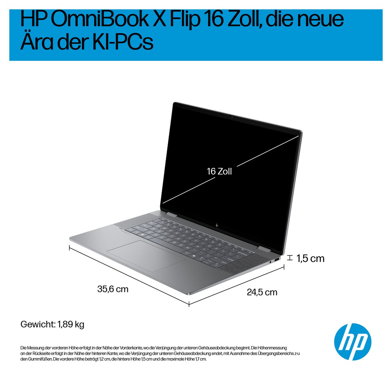 OmniBook X Flip 16-ar0653ng 2K Ultra HD Notebook 40,6 cm (16 Zoll) 1920 x 1200 Pixel 16 GB Ram 1 TB SSD Windows 11 Home AMD Ryzen 5 max. 4,8 GHz intern  (Silber) 