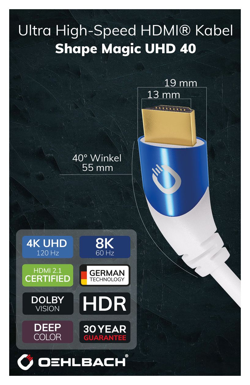 Shape Magic 48 Gbit/s Stecker Abgewinkelt HDMI auf HDMI Typ A (Standard) 2 m  (Blau, Weiß) 