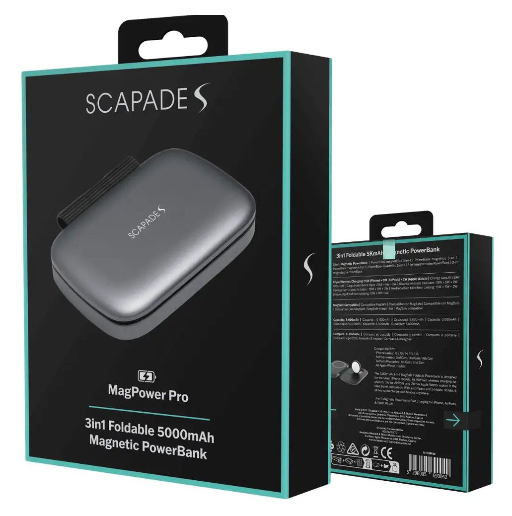 MagPower Pro – 3‑in‑1 faltbare magnetische 5000 mAh Powerbank USB Typ-C Kabelloses Laden  (Schwarz) 
