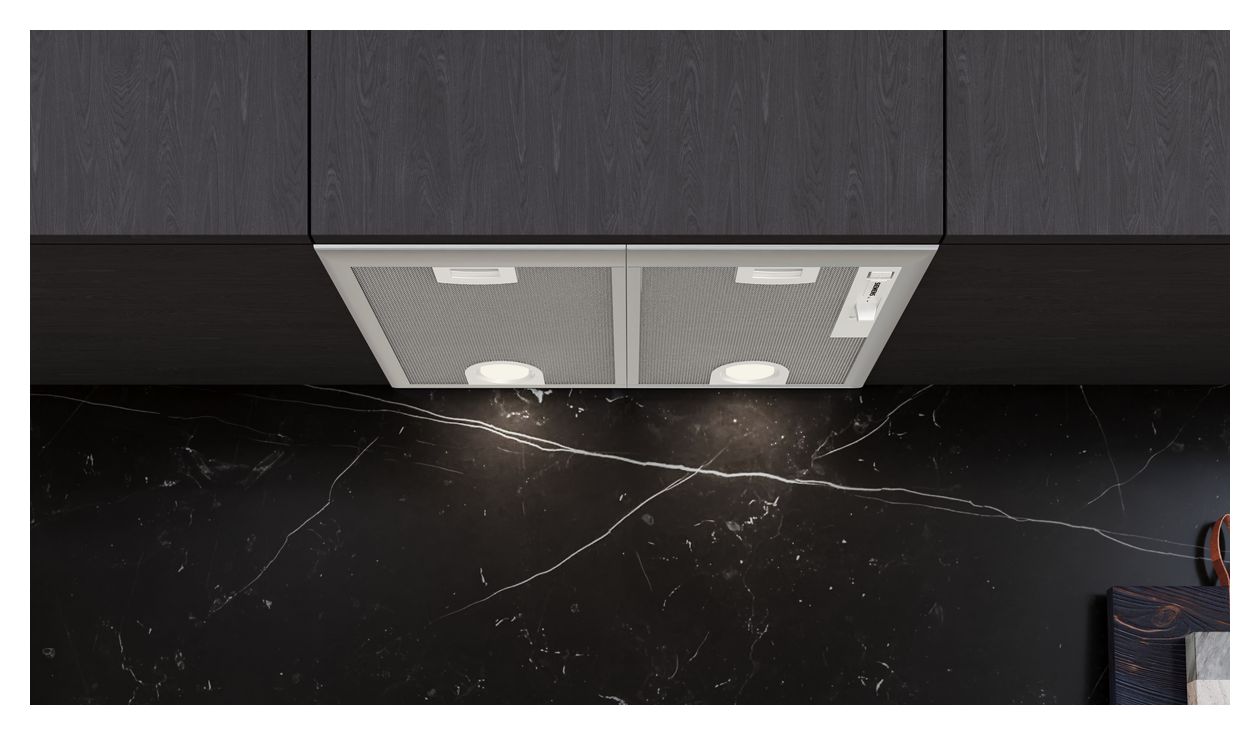 iQ300 LB55566 Lüfterbaustein Abluft/Umluft Dunstabzugshaube/Esse Einbau 53 cm (Metallisch, Silber) 