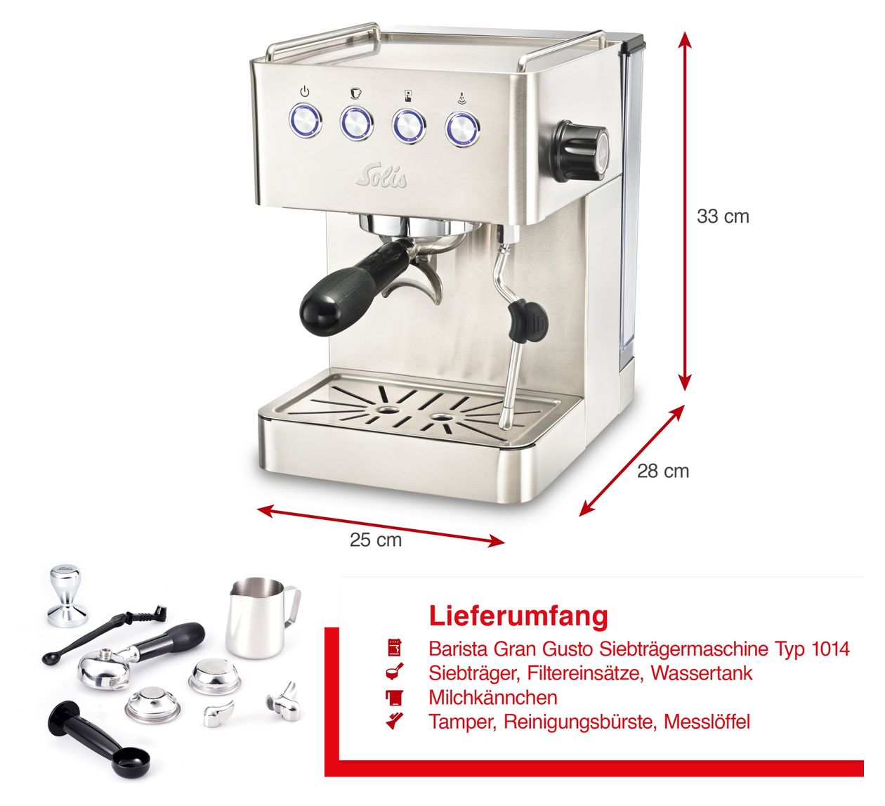 1014 Barista Gran Gusto Siebträger Kaffeemaschine 15 bar 1450 W  (Silber) 