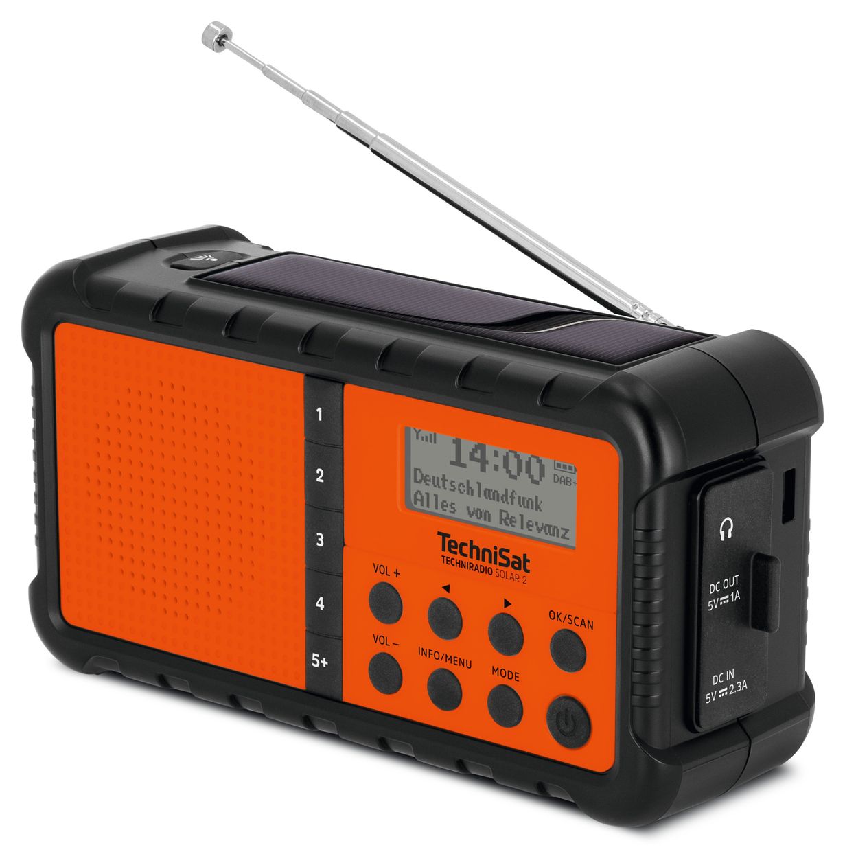 TechniRadio Solar 2 DAB+, FM Radio Tragbar Wasserfest IPX4  (Schwarz, Orange) 