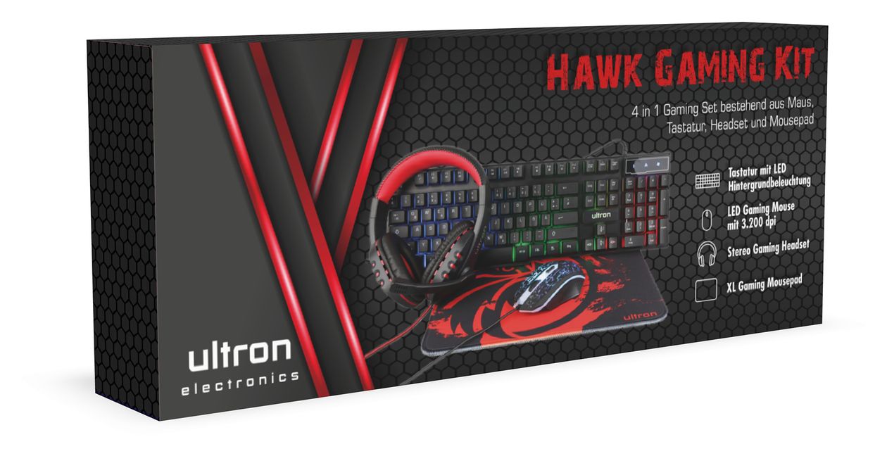 Hawk Gaming Set 4in1 LED Gaming Tastatur  (Schwarz, Rot, Weiß) 