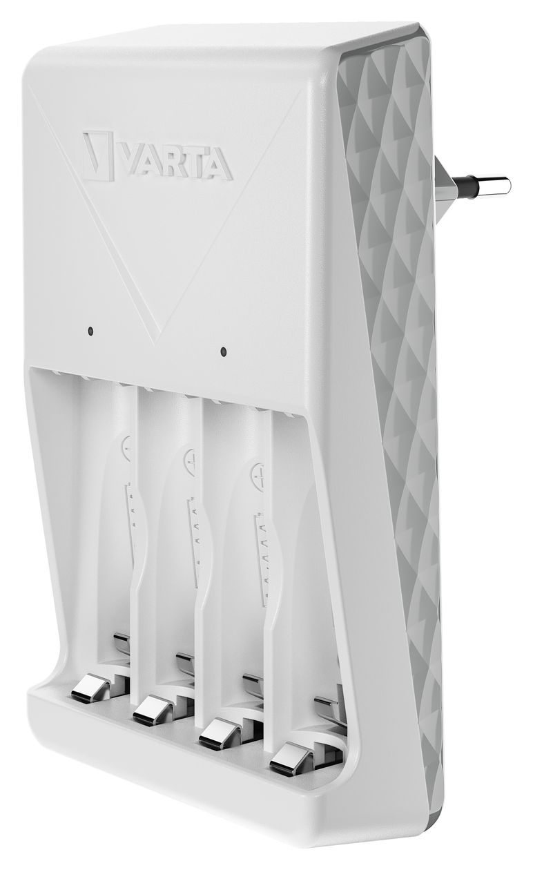 Akku Ladegerät, inkl. 4X AA 2100mAh, Batterieladegerät für wiederaufladbare Batterien, lädt 2 oder 4 AA/AAA gleichzeitig, Plug Charger, weiß 