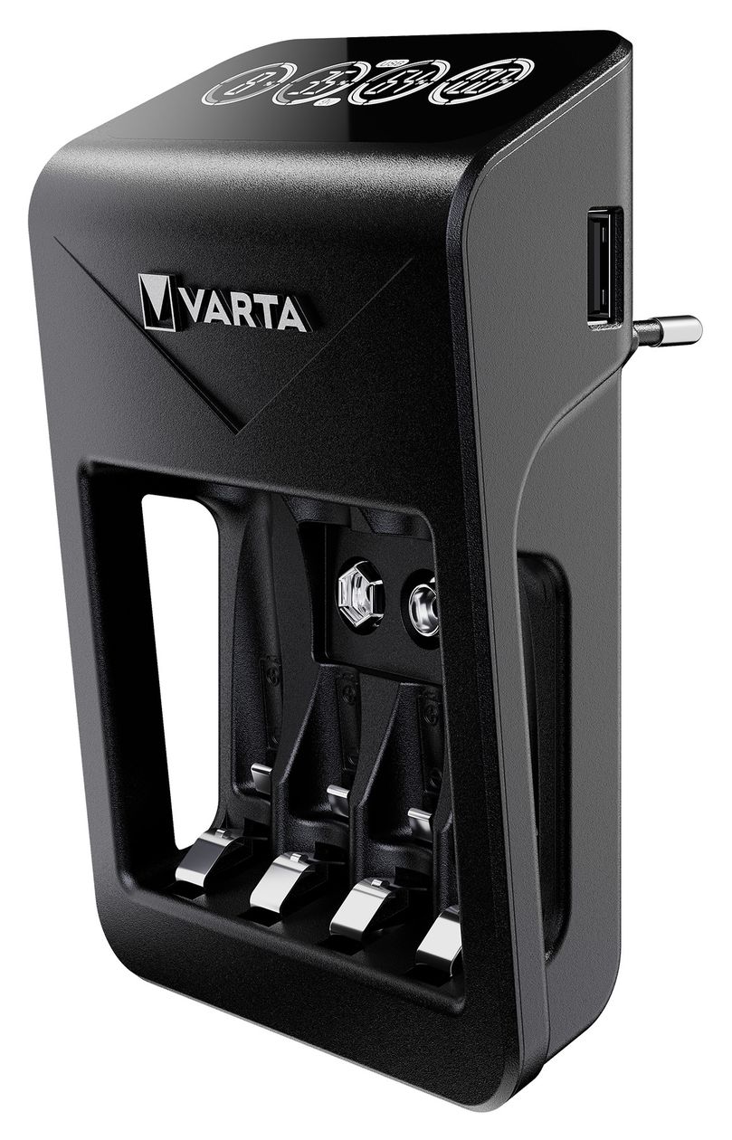 Akku Ladegerät, inkl. 4X AA 2100mAh, Batterieladegerät für wiederaufladbare AA/AAA/9V und USB Geräte, LCD Plug Charger+, Einzelschachtladung 