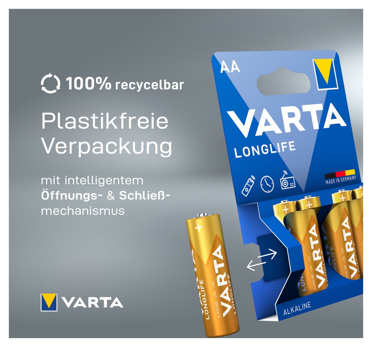 Batterien AA, 4 Stück, Longlife, Alkaline, 1,5V, ideal für Fernbedienungen, Wecker, Radios, Wanduhren, Made in Germany 