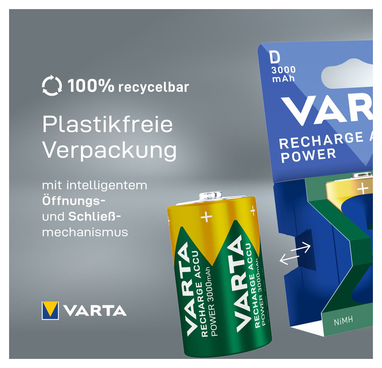 Recharge Accu Power D 3000 mAh 2er-Pack (vorgeladener NiMH-Akku, Micro, wiederaufladbarer Akku, gebrauchsfertig) 