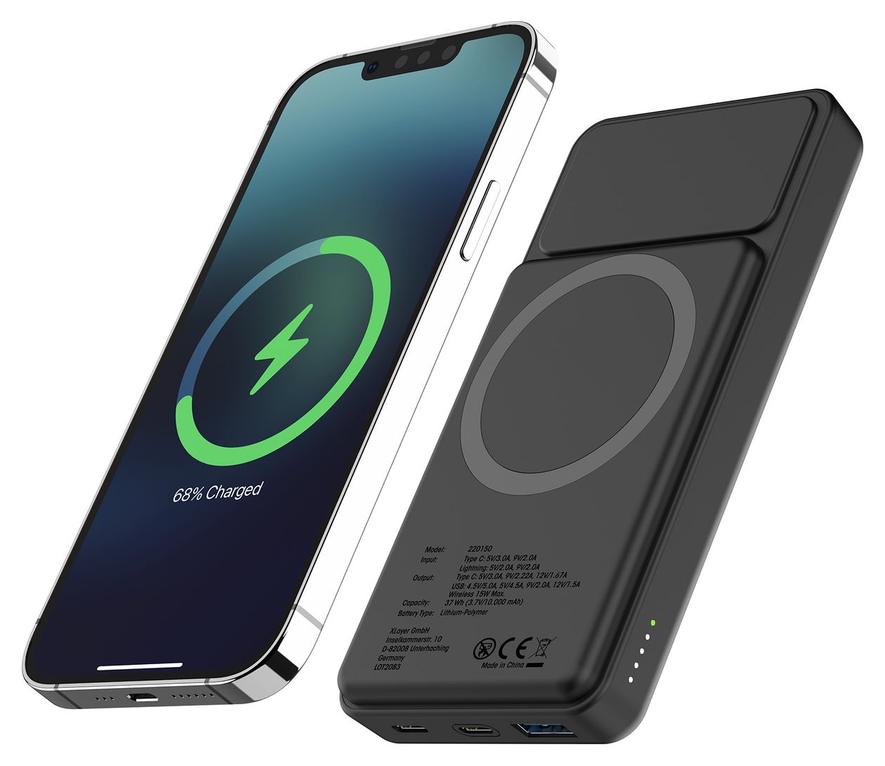 Solid 10000 mAh Powerbank USB Typ-C Kabelloses Laden  (Schwarz) 