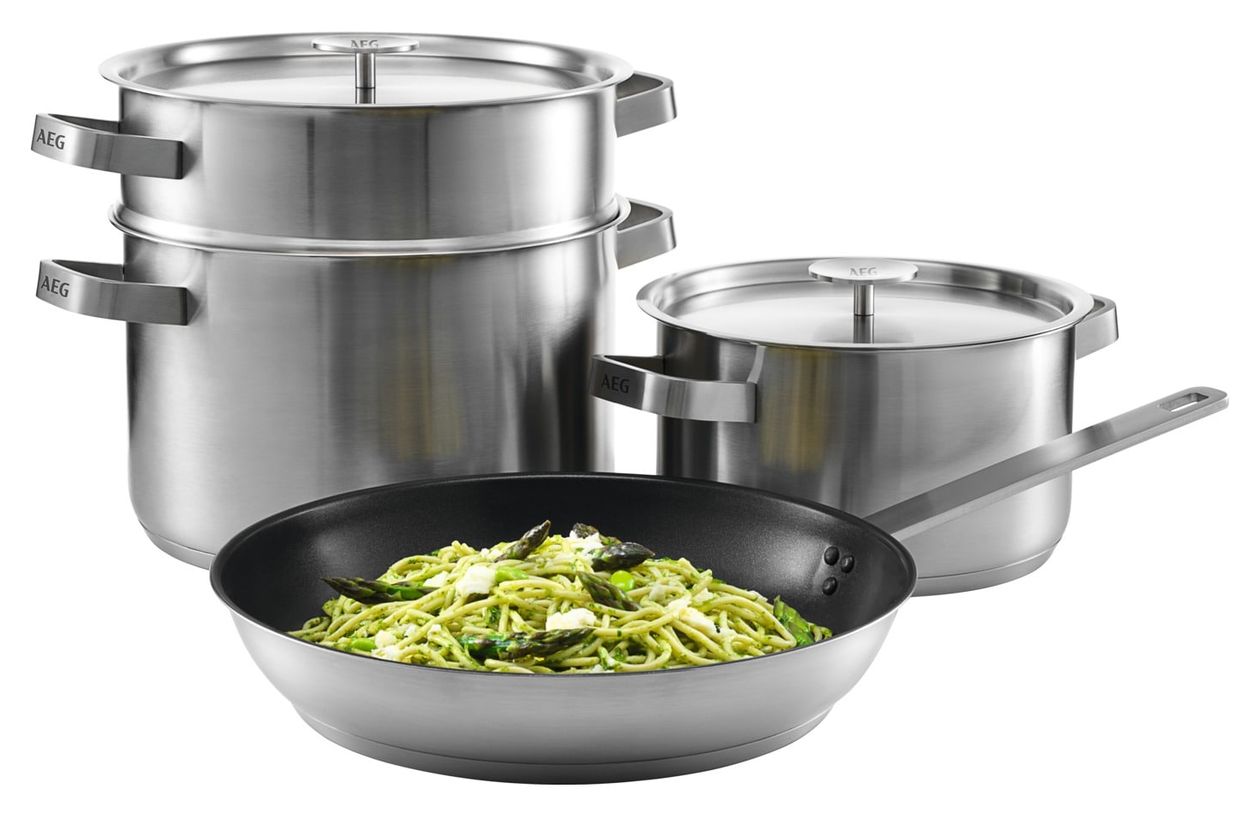 A4SS Kochgeschirr-Set aus Fettpfanne 28 cm + 2 Töpfen 20 cm und 24 cm + Edelstahlsieb  (Schwarz, Edelstahl) 