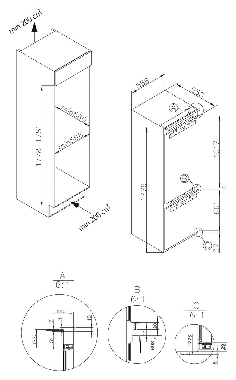 EKGCX387955 170 l / 37 l Einbau Kühl-/Gefrierkombination 188 kWh NoFrost 