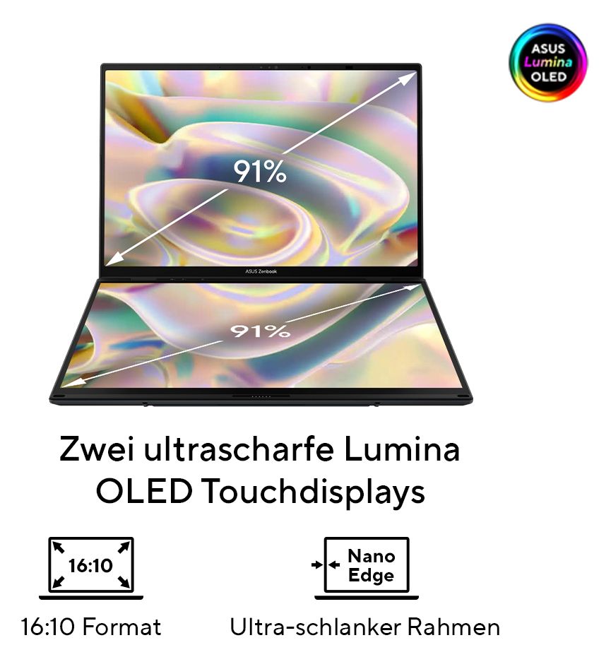 Zenbook Duo UX8406CA-QL331W WUXGA Notebook 35,6 cm (14 Zoll) 1920 x 1200 Pixel 1 TB SSD Windows 11 Home Intel Core Ultra 9 max. 5,4 GHz  (Grau) 