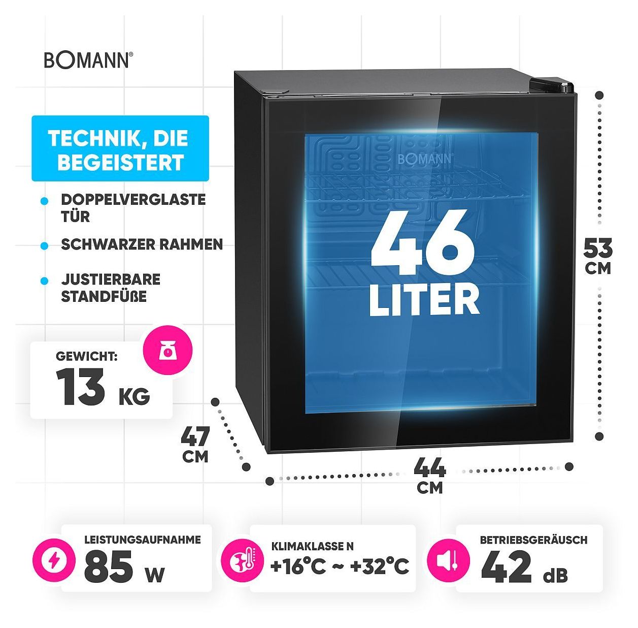 KSG7291 46 l / 46 l Tischkühlschrank EEK: E 66 kWh Jahr  (Schwarz) 