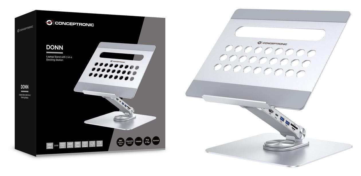 DONN27G Laptop-Ständer mit 7-in-1-Dockingstation, 360° drehbare Basis, faltbar, höhenverstellbar 