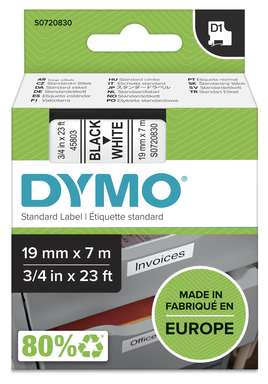 DYMO Original D1-Etikettenband | schwarz auf weiß | 19 mm x 7 m | selbstklebendes Schriftband | für LabelManager-Beschriftungsgerät 