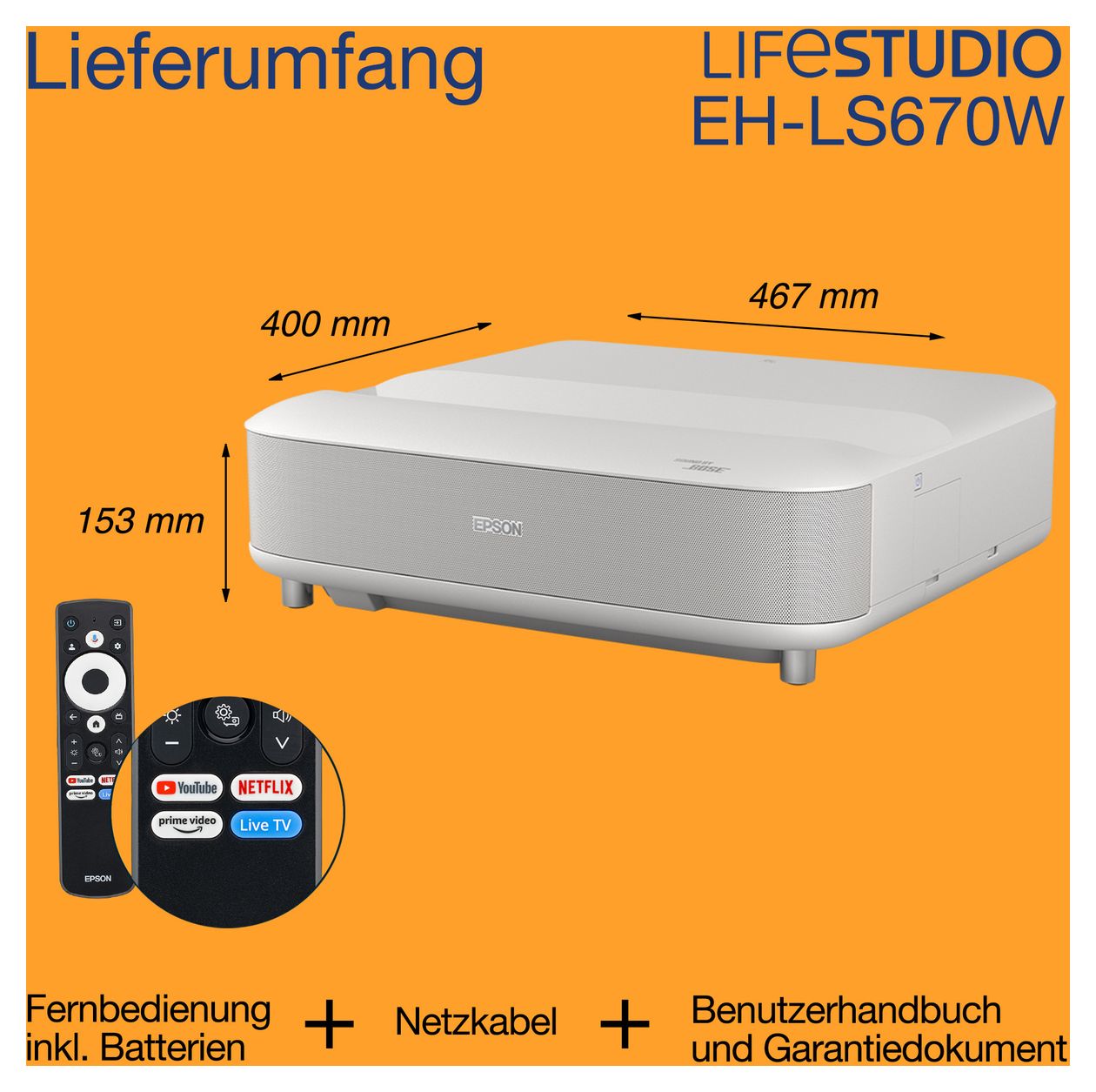 EH-LS670 Lifestudio Grand UHD 4K (3840x2160) 3LCD Laser Ultra-Short-Throw-Projektor 3600 ANSI Lumen  (Weiß) 