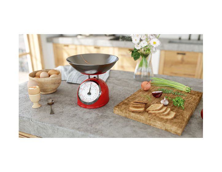 Storio Mechanische Küchenwaage bis 5 kg Genauigkeit 25 g (Rot, Edelstahl, Weiß) 