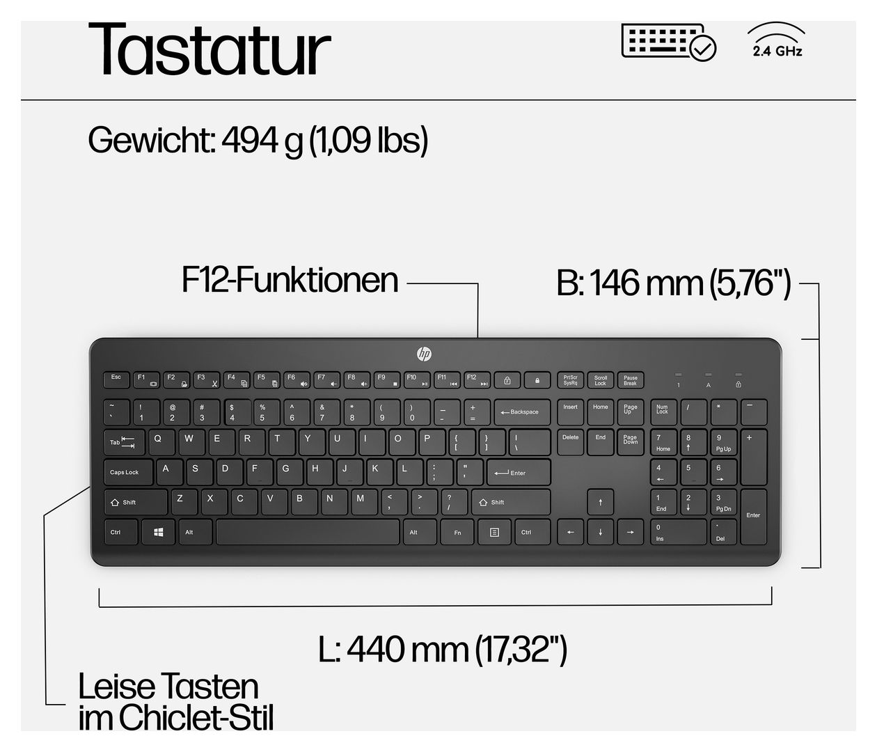 230 Büro Tastatur RF Wireless 2.4 GHz  (Schwarz) 