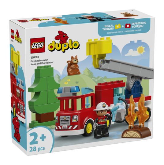 Löschauto mit Schlauch und Feuerwehrmann 