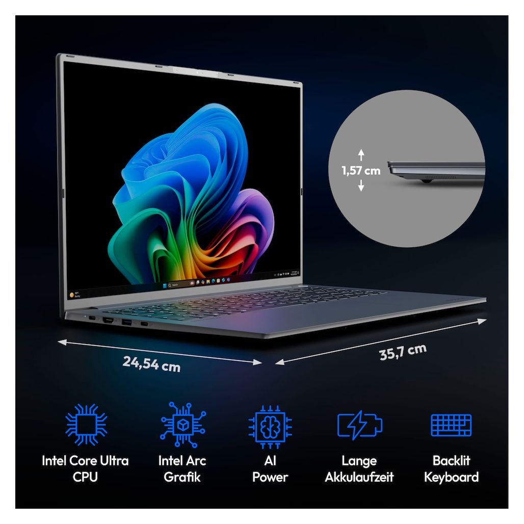 SPRCHRGD 16 S1 2K Ultra HD Notebook 40,6 cm (16 Zoll) 2880 x 1800 Pixel 32 GB Ram 512 GB SSD Windows 11 Home Intel Core Ultra 5 intern  (Grau) 