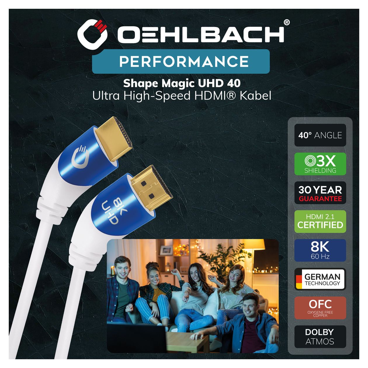 Shape Magic 48 Gbit/s Stecker Abgewinkelt HDMI auf HDMI Typ A (Standard) 1,5 m  (Blau, Weiß) 