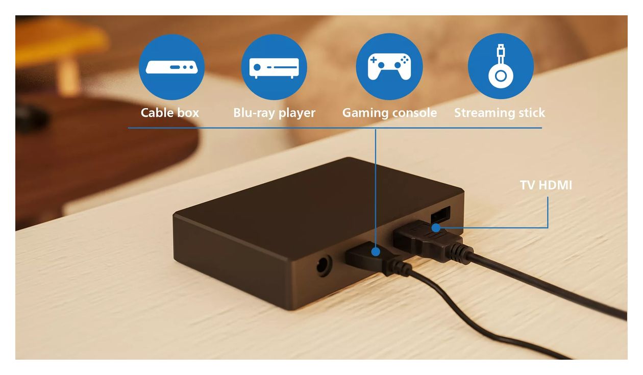 HDMI 2 Sync Box 8K mit Hintergrundbeleuchtung f. TV von 75"–85" 