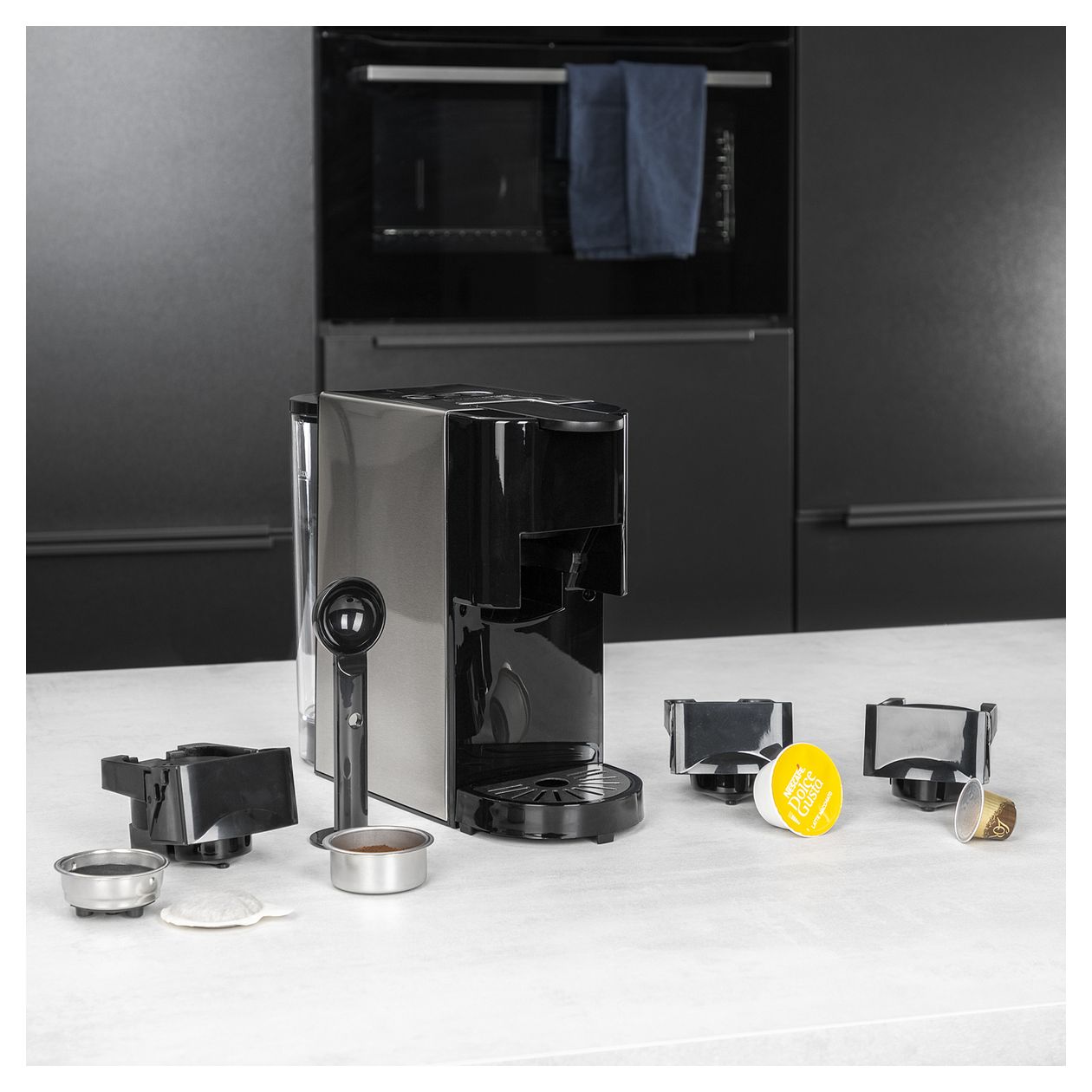 249450 Kaffeekapsel, Kaffeepad, Gemahlener Kaffee Maschine  (Schwarz, Edelstahl) 