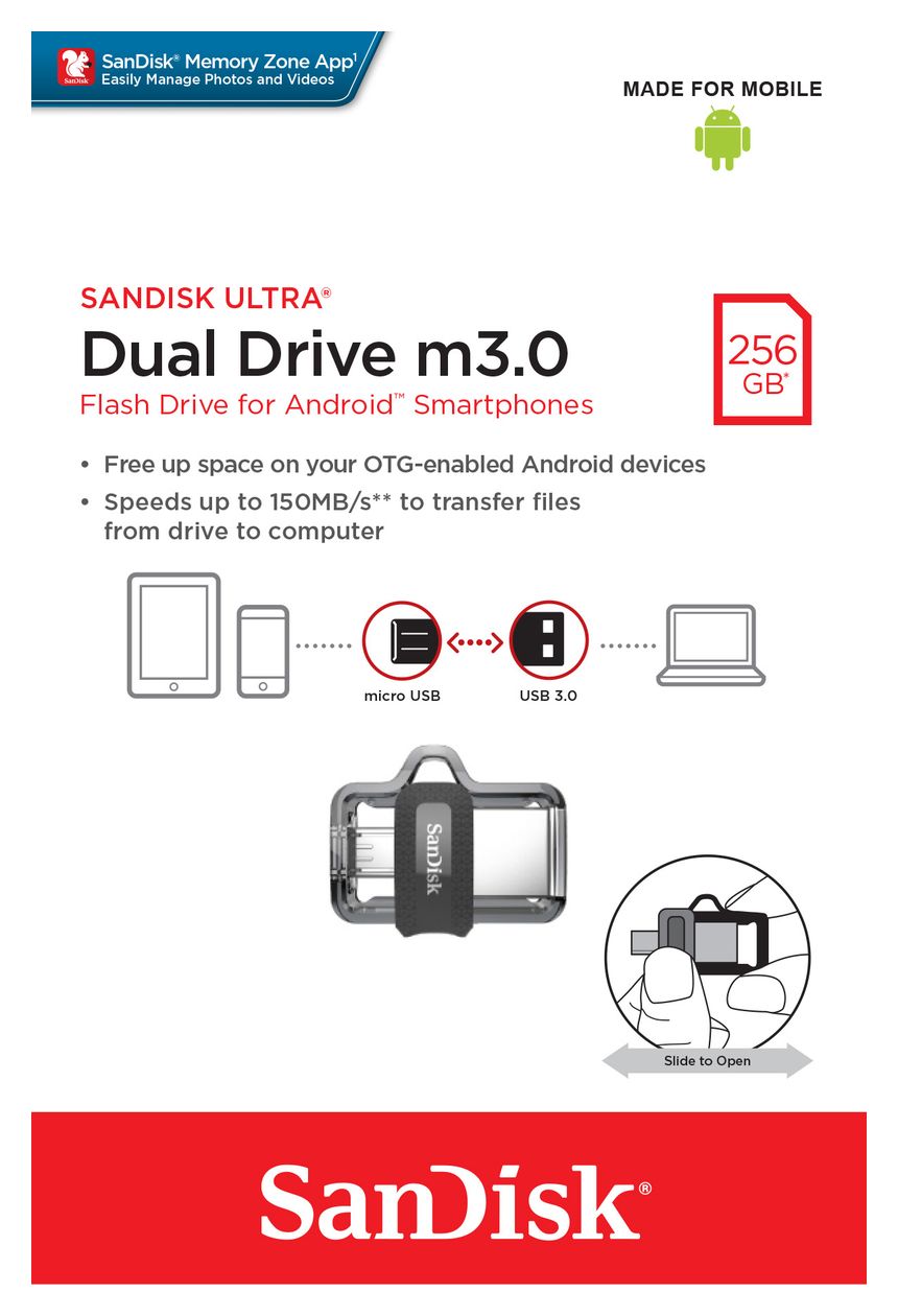 Ultra Dual m3.0 USB Type-A / Micro-USB Stick 256 GB (Schwarz, Silber, Transparent) 