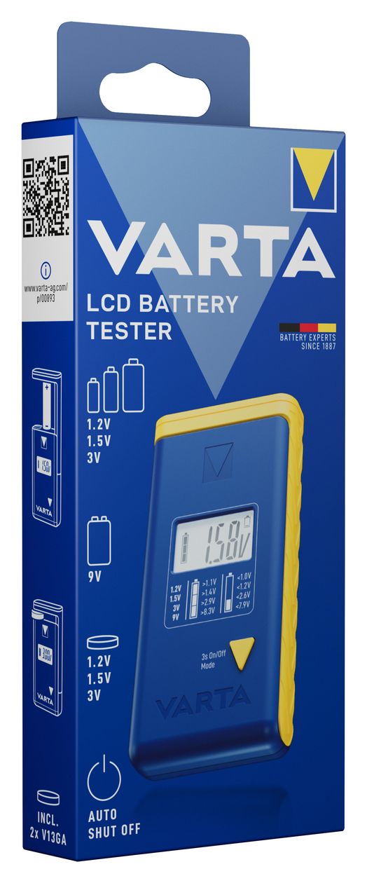 Batterietester LCD Digital für Batterien, Akkus und Knopfzellen, Testgerät für alle wichtigen Batteriegrößen (AA, AAA, C, D, 9V) inkl. 2x V13GA (LR44) 