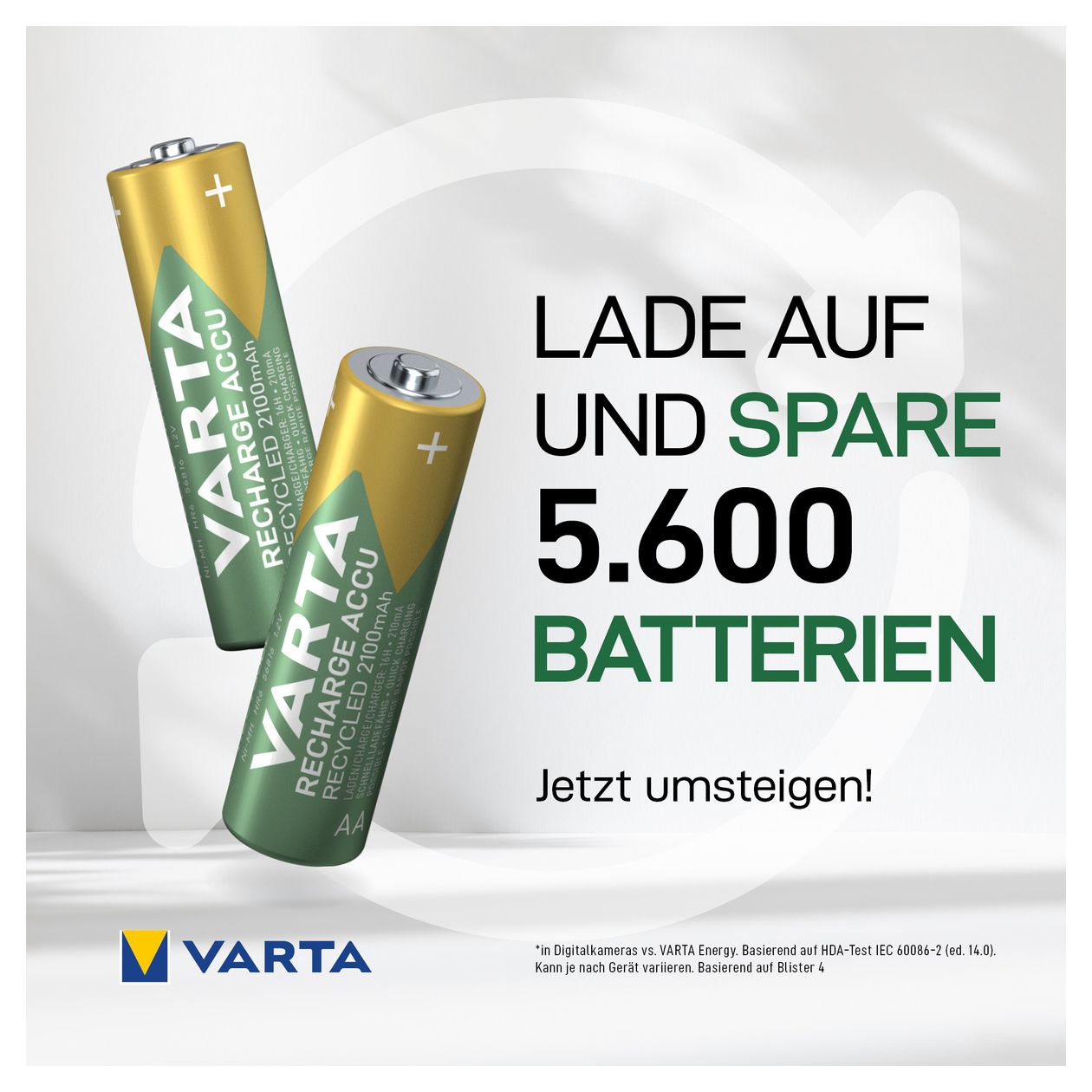 Recharge Accu Recycled AA 2100 mAh 2er-Pack (vorbeladener NiMH-Akku, Mignon, 25 % recycelte Materialien, wiederaufladbarer Akku, sofort einsatzbereit) 