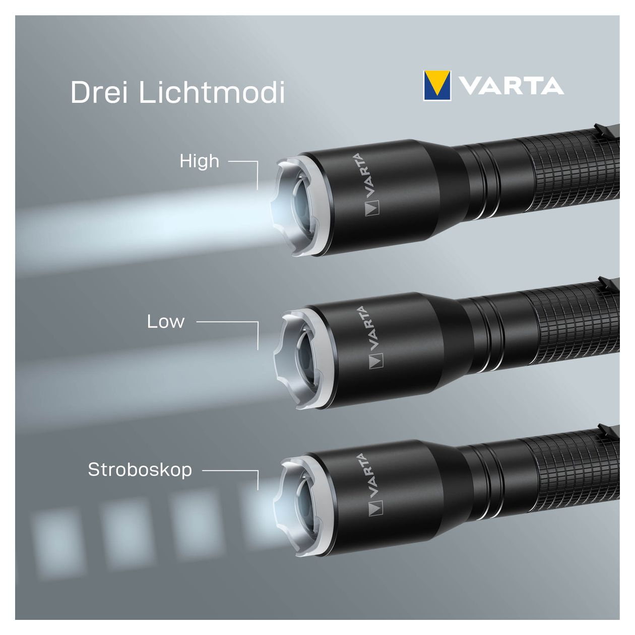 Taschenlampe LED inkl. 2x AA Batterien, Aluminium Light F20 Pro Leuchte, Lampe mit drei Leuchtmodi, Taschenleuchte mit Aluminiumgehäuse, texturiertem Griff, stoßfest 