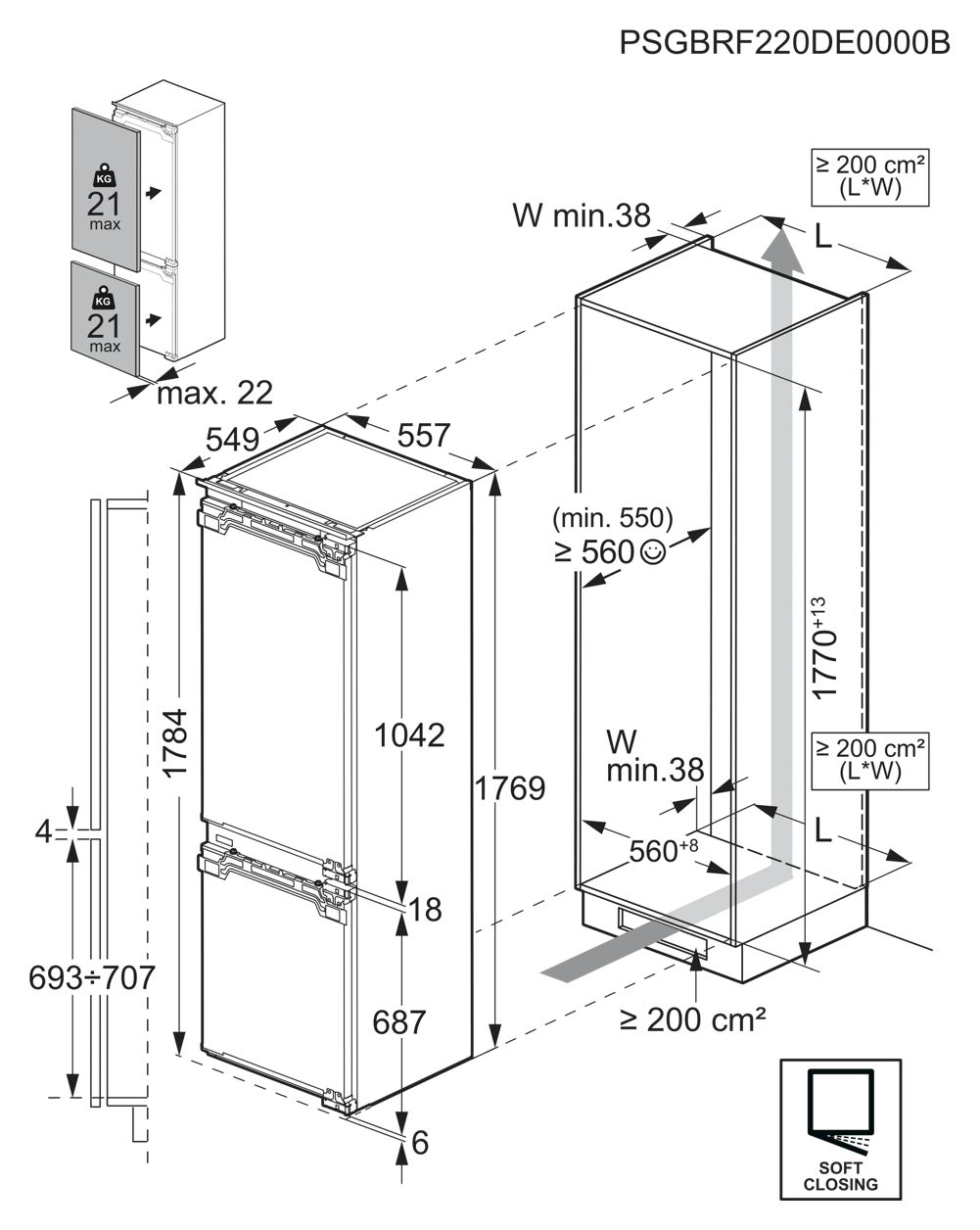 Serie 7000 TC7CS181AF 182 l Kühlteil 62 l Gefrierteil 178 cm Einbau Kühl-/Gefrierkombination NoFrost 