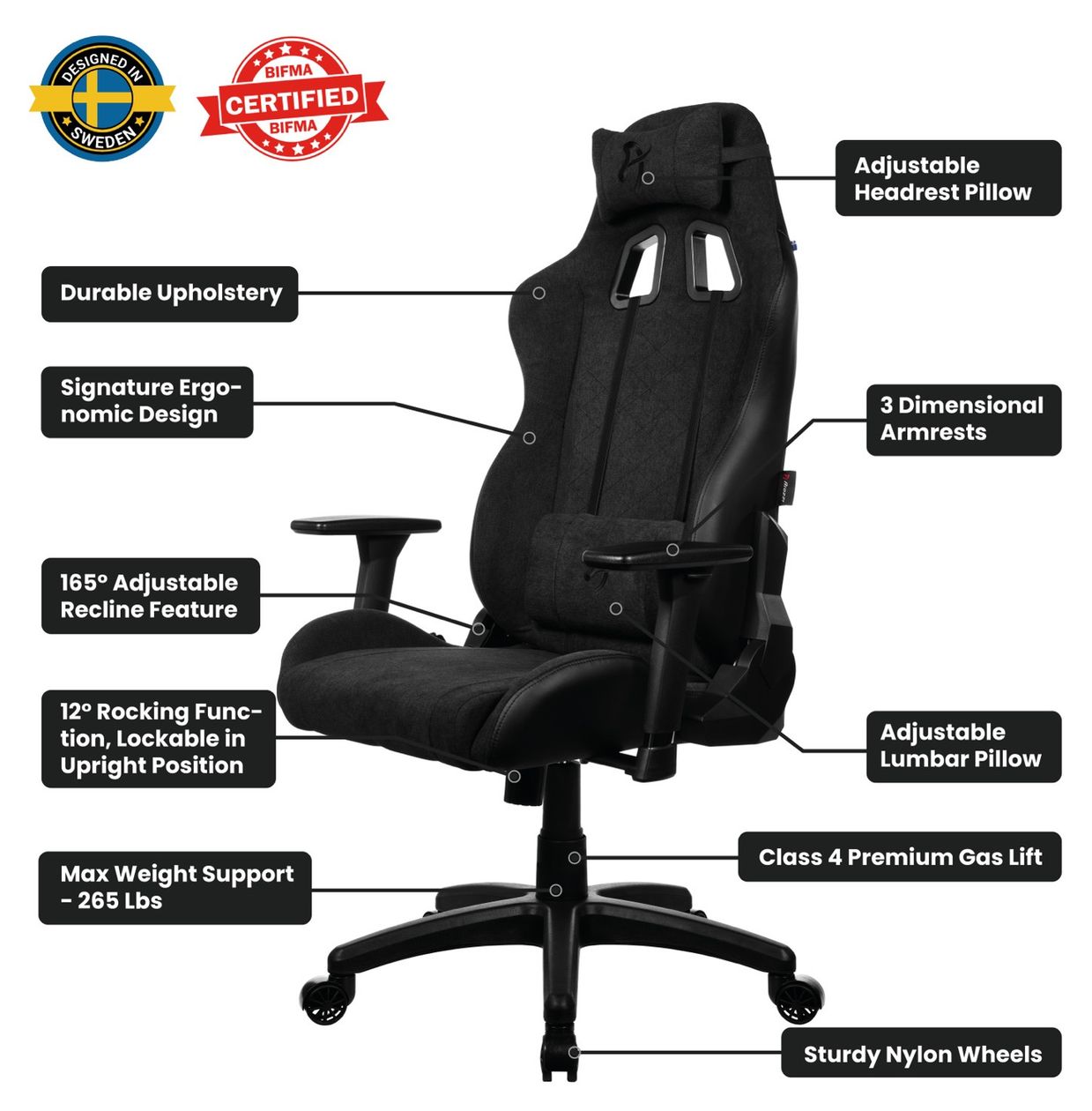 Avanti Soft Fabric Gamingstuhl bis 120 kg (Schwarz) 