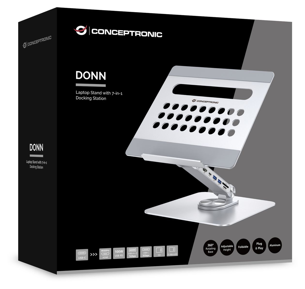 DONN27G Laptop-Ständer mit 7-in-1-Dockingstation, 360° drehbare Basis, faltbar, höhenverstellbar 