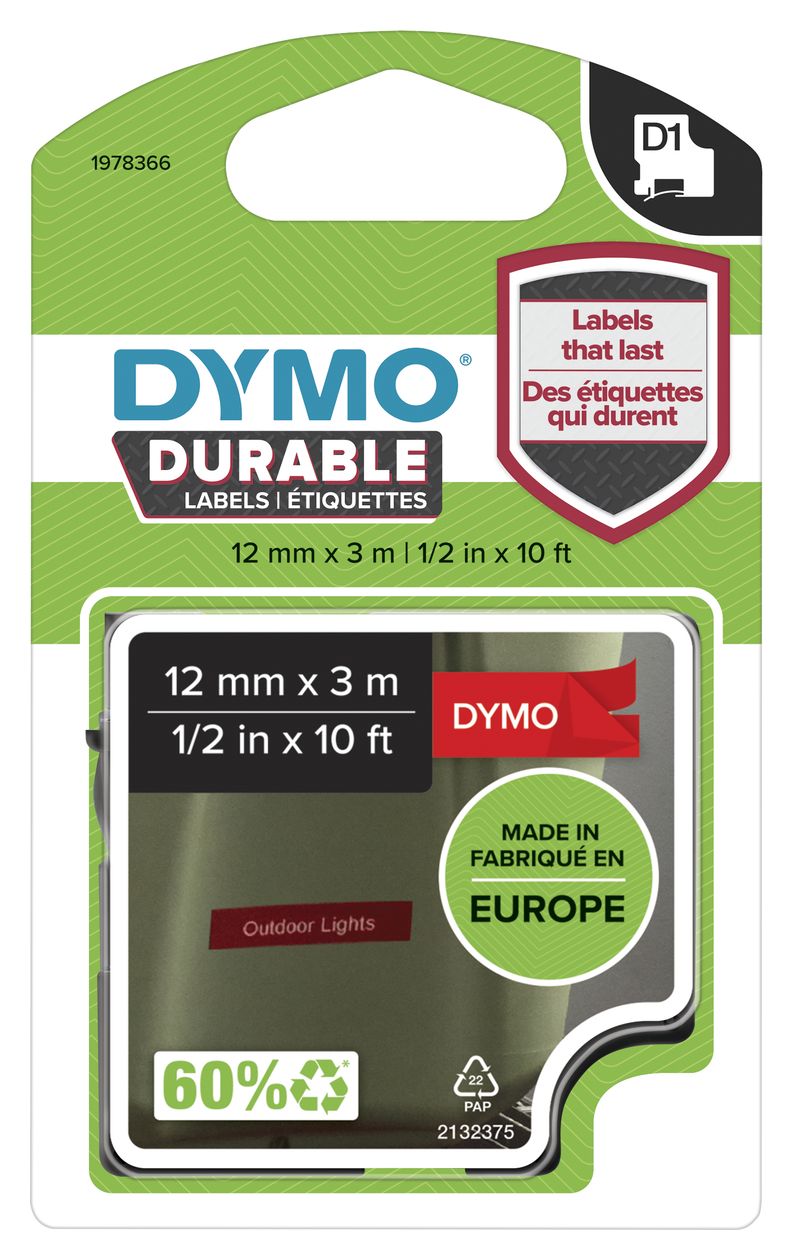 DYMO Original D1 Hochleistungs-Etikettenband | weiß auf rot | 12 mm x 3 m | permanent haftendes Vinyl-Schriftband | für LabelManager-Beschriftungsgerät 