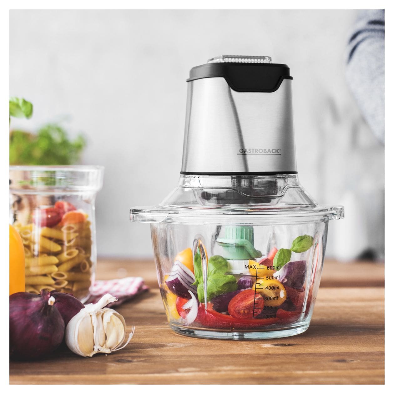 40961 Design Mini Chopper Plus Zerkleinerer 400 W 6 Klingen 0,6 l Glas Behälter (Edelstahl, Transparent) 