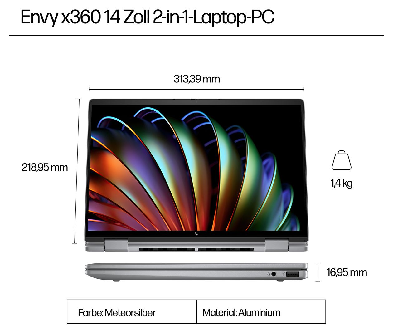 Envy 14-fa0657ng 2K Ultra HD Notebook 35,6 cm (14 Zoll) 1920 x 1200 Pixel 16 GB Ram 512 GB SSD Windows 11 Home AMD Ryzen 5 max. 4,9 GHz intern  (Silber) 