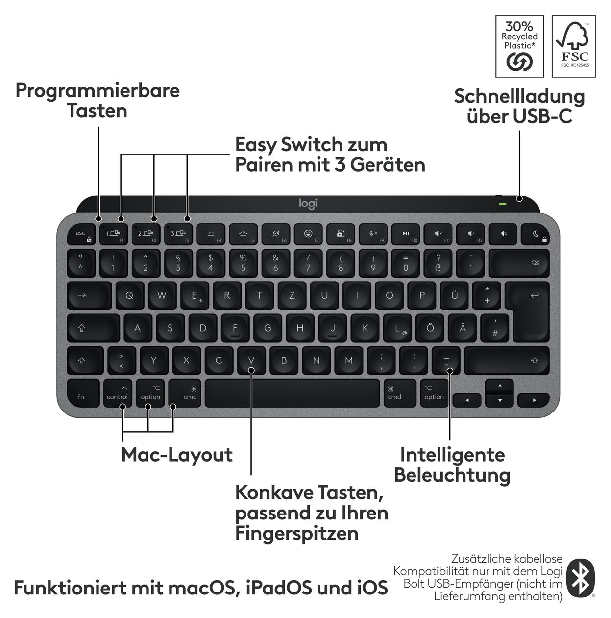 MX Keys Mini For Mac LED Heimbüro Tastatur Bluetooth  (Schwarz, Grau) 