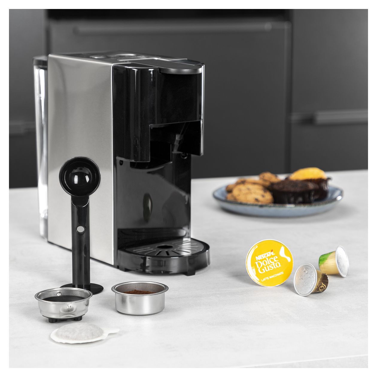 249450 Kaffeekapsel, Kaffeepad, Gemahlener Kaffee Maschine  (Schwarz, Edelstahl) 