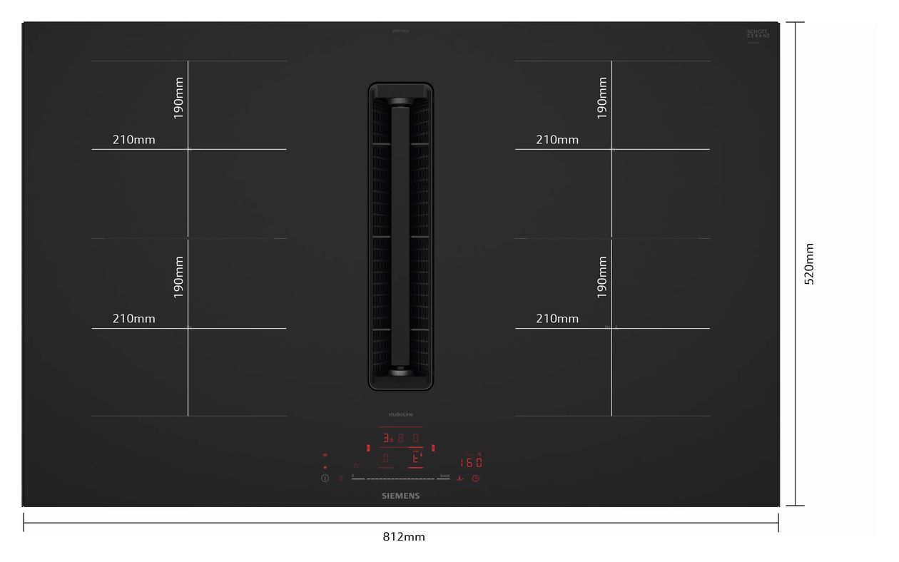 iQ500 ED87BHGA6 (ED87BHQ26E + HZ9VDSB4) autarkes 80 cm Induktionskochfeld 4 Kochzonen mit integriertem Dunstabzug 