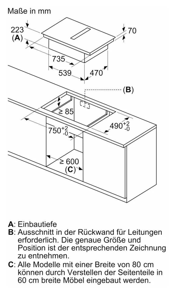 iQ700 EX870NGA7 (EX870NX68E + HZ9VDSB2) autarkes 80 cm Induktionskochfeld 4 Kochzonen mit integriertem Dunstabzug 