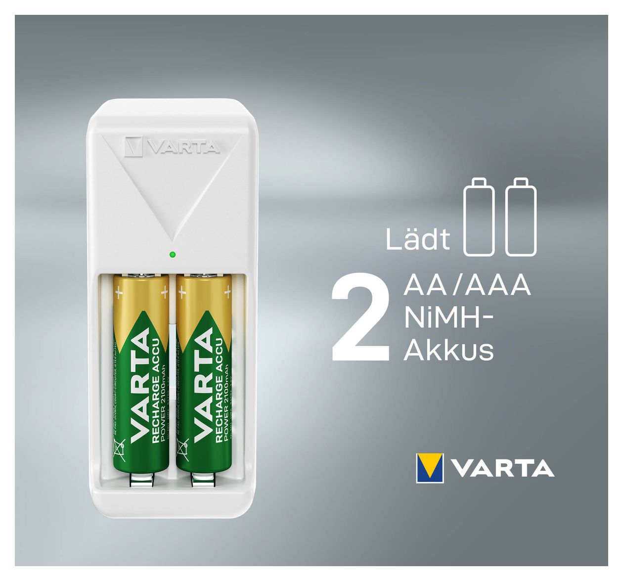 Akku Ladegerät, inkl. 2X AA 2100mAh, Batterieladegerät für wiederaufladbare Batterien, lädt 2 AA/AAA gleichzeitig, Mini Charger, weiß 