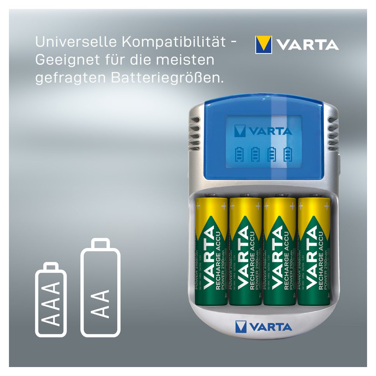Akku Ladegerät, inkl. 4X AA 2600mAh, Batterieladegerät für wiederaufladbare AA/AAA, LCD Charger, mit USB Kabel & 12V Adapter 