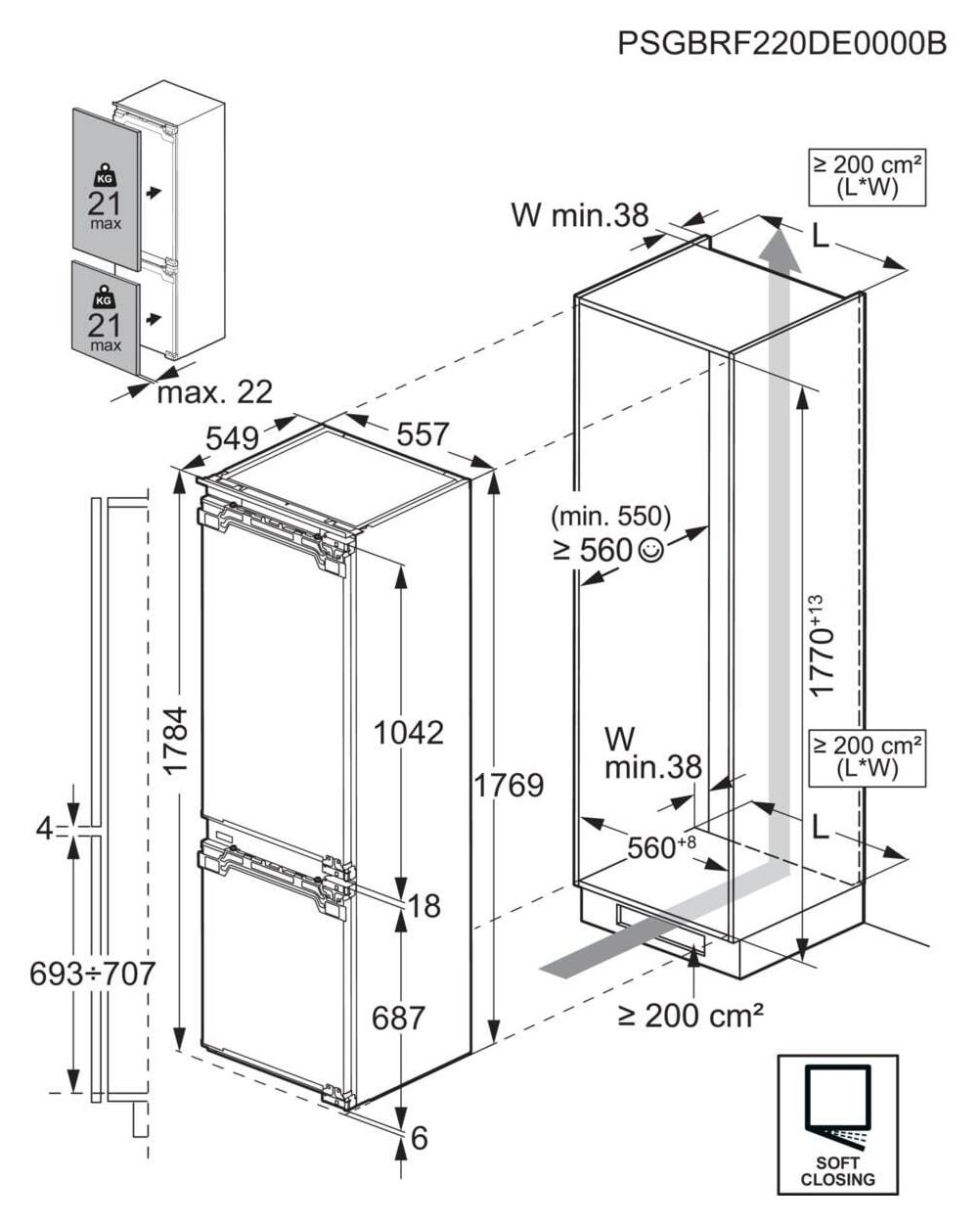 Seire 7000 TC7CS181AF 182 l / 62 l 178 cm Einbau Kühl-/Gefrierkombination 99 kWh NoFrost 